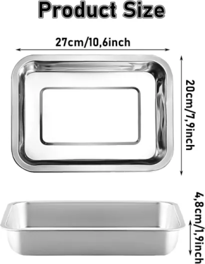 Lot de 4 Plat Inox Rectangulaire 27 x 20 x 4,8 cm, Plat Rectangulaire en Acier Inoxydable, Plateau Inox Cuisine, Pour Pâtisserie, Rôtir, Servir - Passe au Lave-Vaisselle
