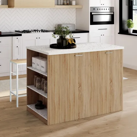 Ilot Central TIBO 120 cm Bois façon hêtre avec Plan de Travail Effet terrazzo Simone