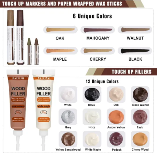 Kit de réparation de meubles en bois pour retoucher tous les meubles en bois, protéger les surfaces des rayures pour table de plancher, chêne, armoire, porte, placage, cerise, noyer, lot de 39