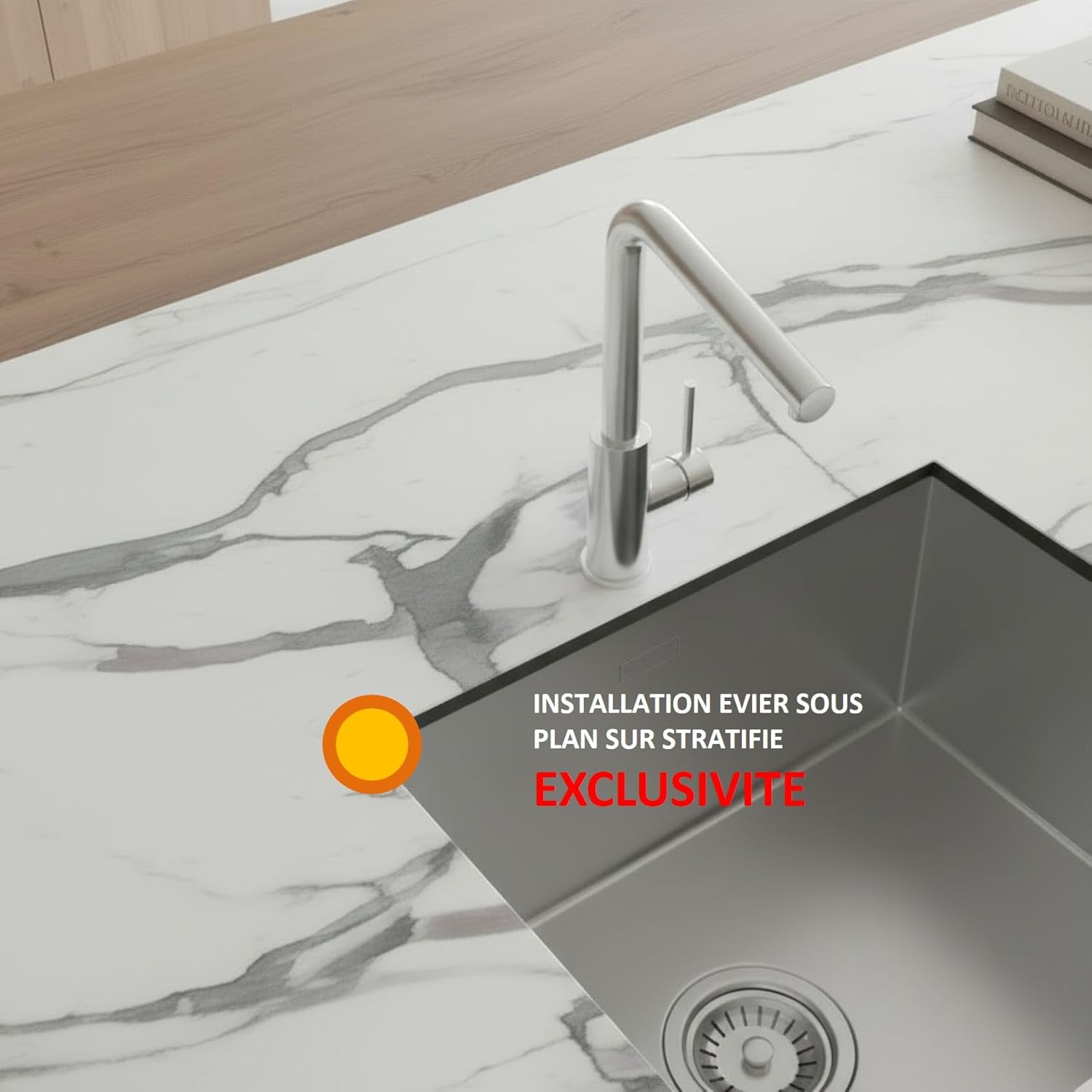 Plan de Travail Cuisine Marbre Calacatta Statuario - Blanc Veiné Luxe Italien Calacatta - Stratifié HPL 20mm Sur Mesure - Évier Sous Plan - ICIDECO