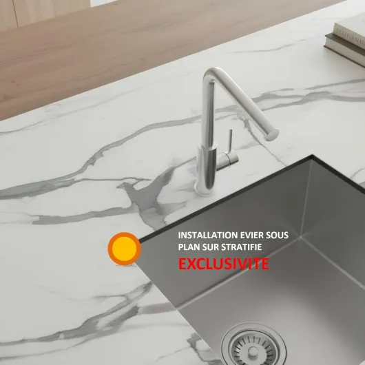 Plan de Travail Cuisine Marbre Calacatta Statuario - Blanc Veiné Luxe Italien Calacatta - Stratifié HPL 20mm Sur Mesure - Évier Sous Plan - ICIDECO