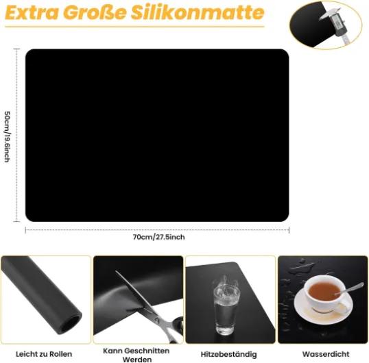 Tapis Silicone Grand 70 x 50cm, Antidérapant et Résistant à la Chaleur, Pour Table et Plan de Travail Cuisine, Resine Epoxy (Noir)