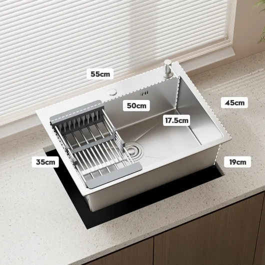 Évier Cuisine 1 Bac 55 x 45 cm, STANEW Évier Encastrable, Trous pour Robinets et Distributeur de Savon et panier télescopique, Argent single55x45cm Argent