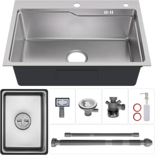 68x48 cm Évier Cuisine 1 Bac en Acier Inoxydable, Protection Insonorisante EVA, Évier de Cuisine Avec Siphon et Système d'évacuation pour Armoires 70 cm ou plus Argent