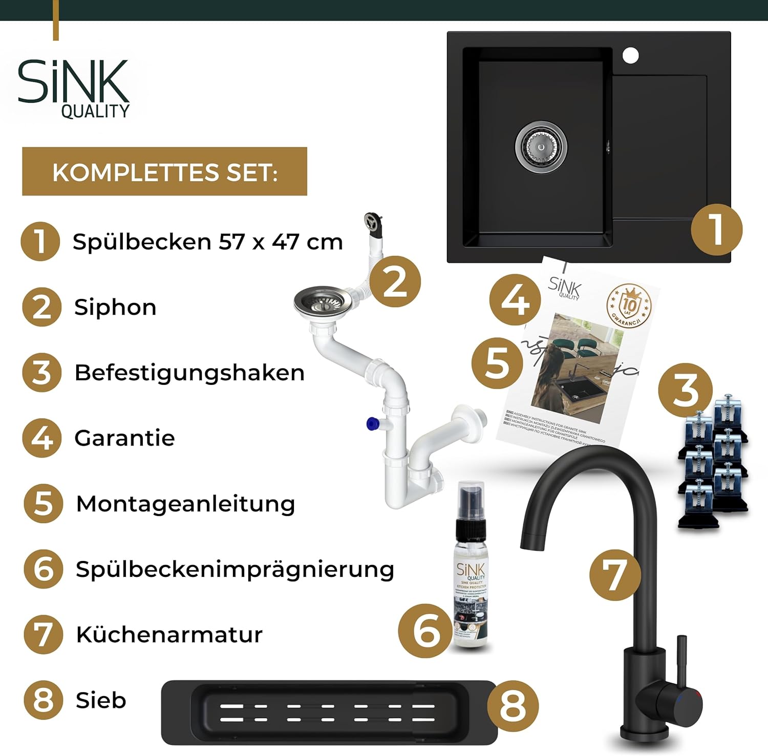 SINK QUALITY Évier de cuisine, en granit, noir, avec robinet, 58 x 47 cm, avec siphon et agent imperméabilisant, avec égouttoir, pour meuble bas de 50 cm