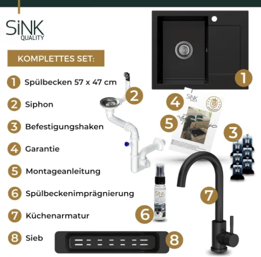 SINK QUALITY Évier de cuisine, en granit, noir, avec robinet, 58 x 47 cm, avec siphon et agent imperméabilisant, avec égouttoir, pour meuble bas de 50 cm