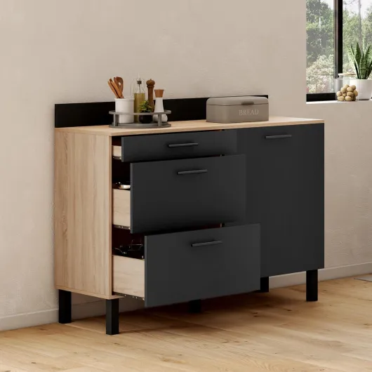 Buffet Bas casserolier de Cuisine 120 cm CINA Plan de Travail H.83 cm 1 Porte + 3 tiroirs façon hêtre et Noir