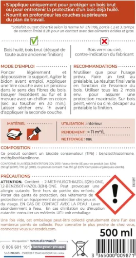 Huile protectrice spécial Plan de Travail - Action rapide - Protège des taches et de la chaleur - Apte au contact alimentaire - Aspect mat incolore - Fabrication Française - 500ml