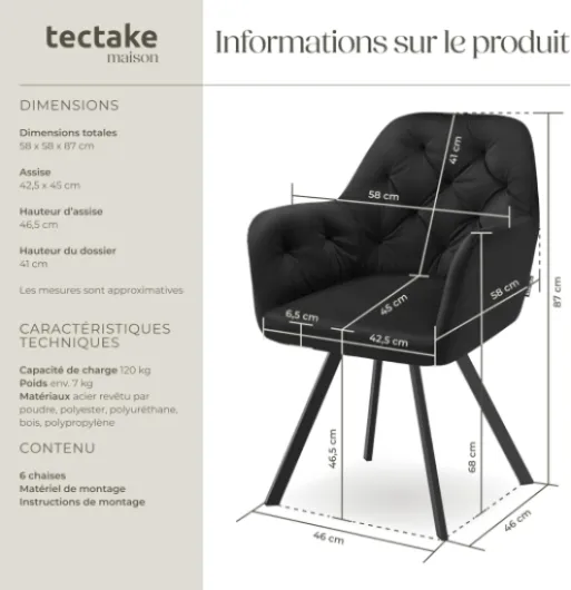 ® Lot de 6 Chaise pivotante de Salle à Manger Moderne Fauteuil salon Chaise Ergonomique Rembourrée Confortable Chaise Design Meuble salon pour Salle à manger, salon, coiffeuse, chambre, cuisine Noir Lot de 6