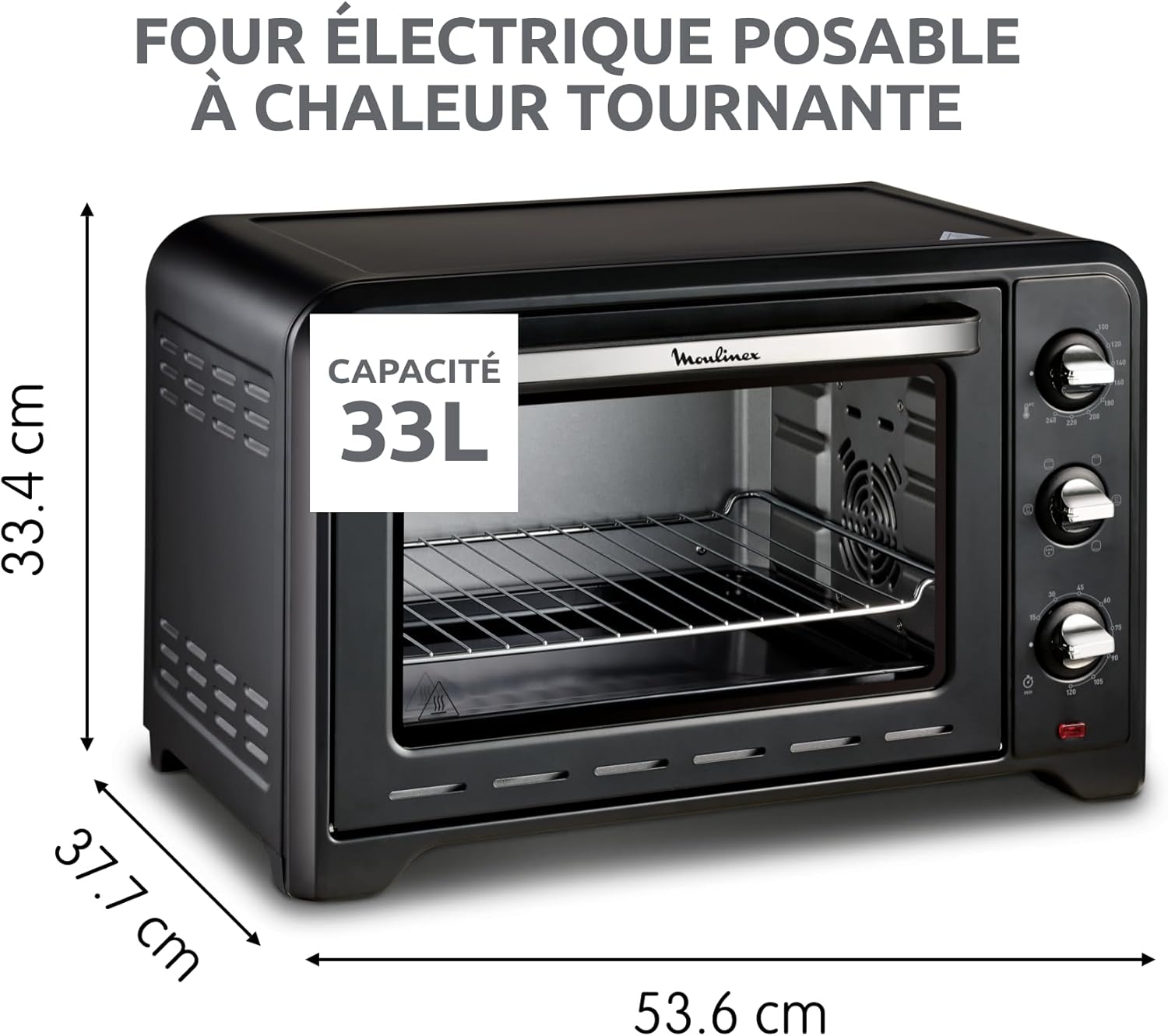 Four posable 33 L, Chaleur tournante, Convection de pointe, 6 modes de cuisson, Thermostat réglable jusqu’à 240 °C, Timer 120 min, Grille réversible, Maniques silicone, Optimo Noir OX464811 L Noir