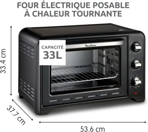 Four posable 33 L, Chaleur tournante, Convection de pointe, 6 modes de cuisson, Thermostat réglable jusqu’à 240 °C, Timer 120 min, Grille réversible, Maniques silicone, Optimo Noir OX464811 L Noir