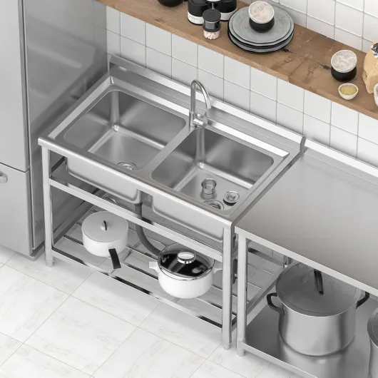 Évier Professionnel Inox 2 Cuves, 110 cm Evier Inox sur Pied avec Robinet, Évier Utilitaire, Évier Autoportant pour Extérieur, Cuisine, Garage, Buanderie, Restaurant, Jardin, 110 x 64 x 93 cm
