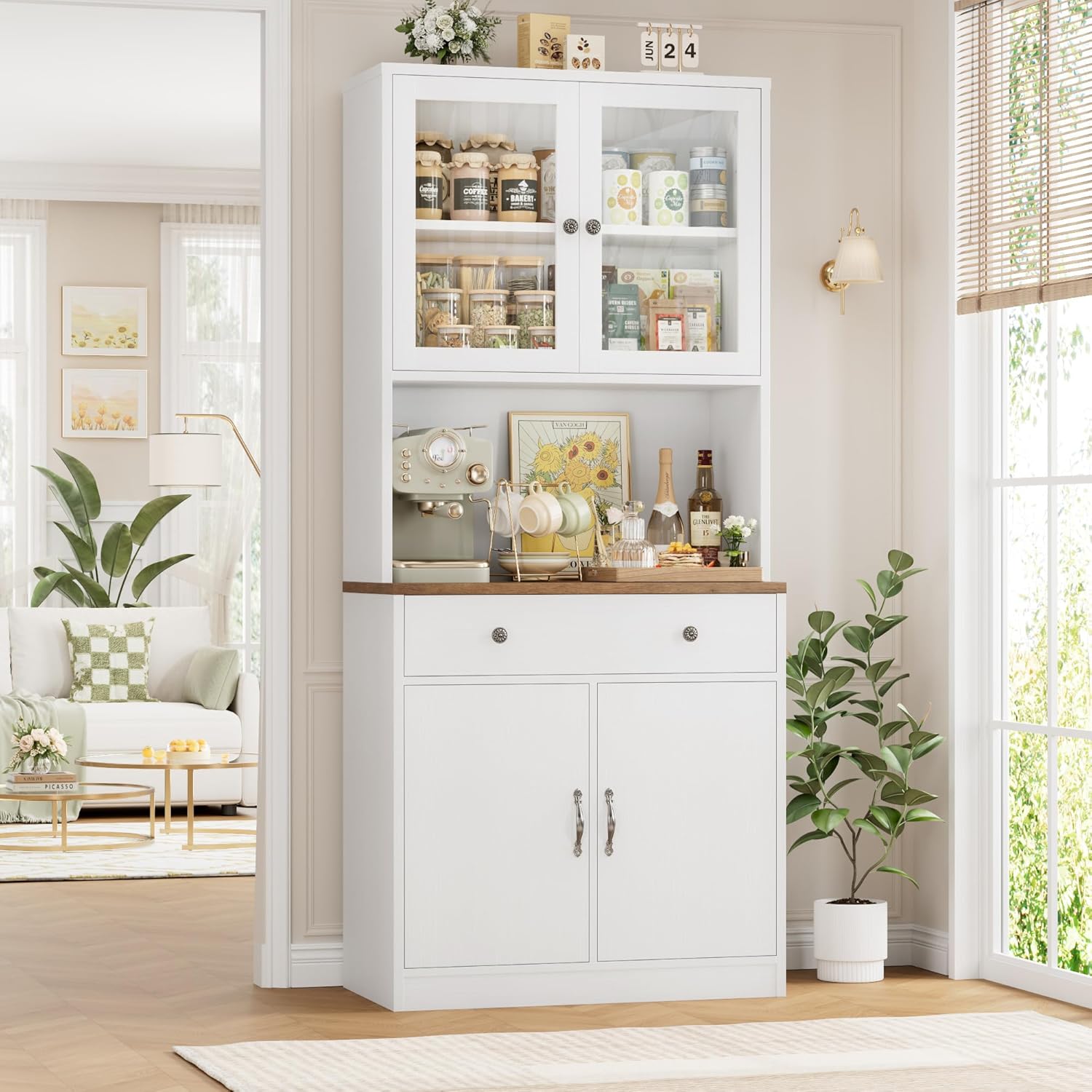 Buffet Cuisine, Armoire de Cuisine, Vitrine en Verre avec Étagères Réglables, 2 Portes Vitrées, Tiroirs et Micro-Ondes, Meuble de Rangement pour Salle à Manger Salon, Blanc Blanc et Marron