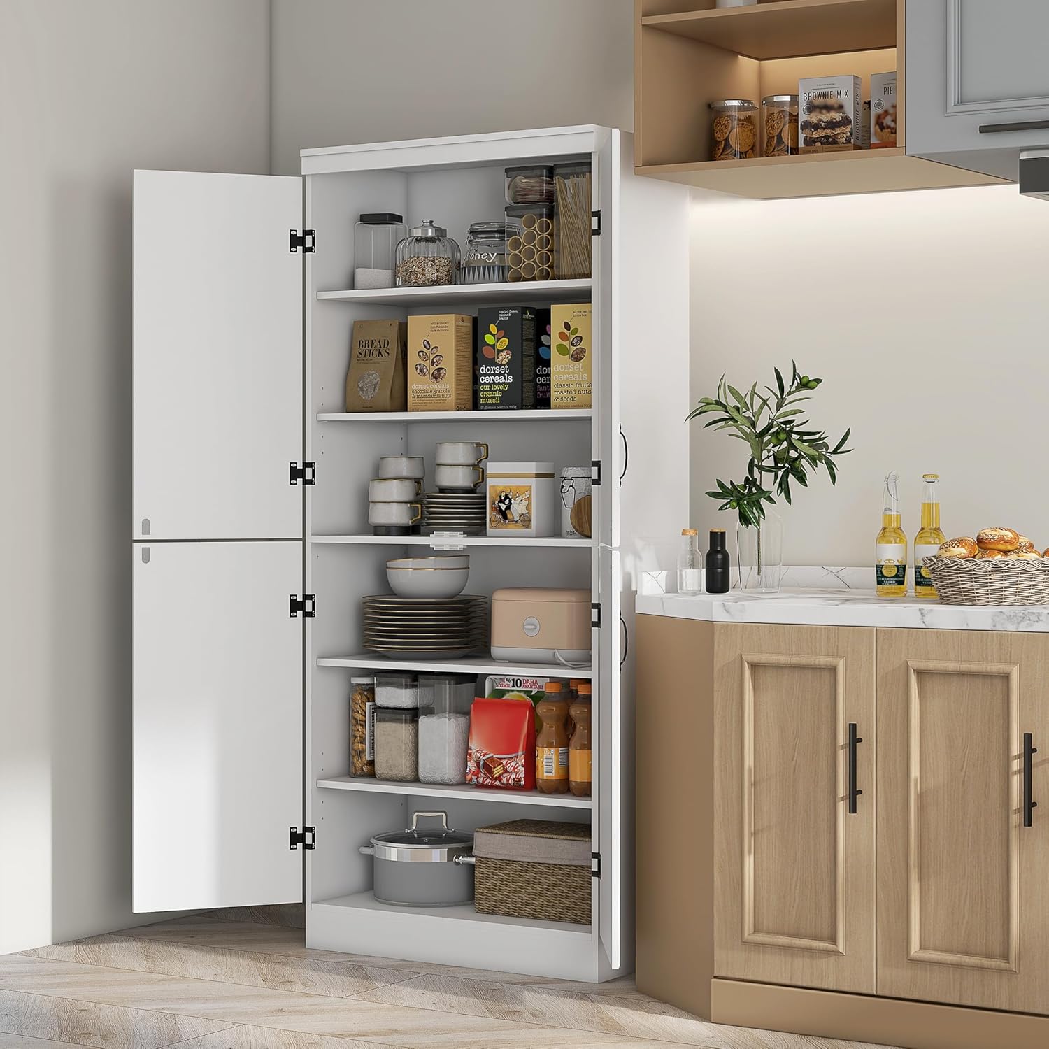 Armoire de Cuisine Haute à 4 Portes, Meuble de Rangement Autonome à 6 étages avec 2 étagères réglables pour Salon, Salle à Manger, Blanc