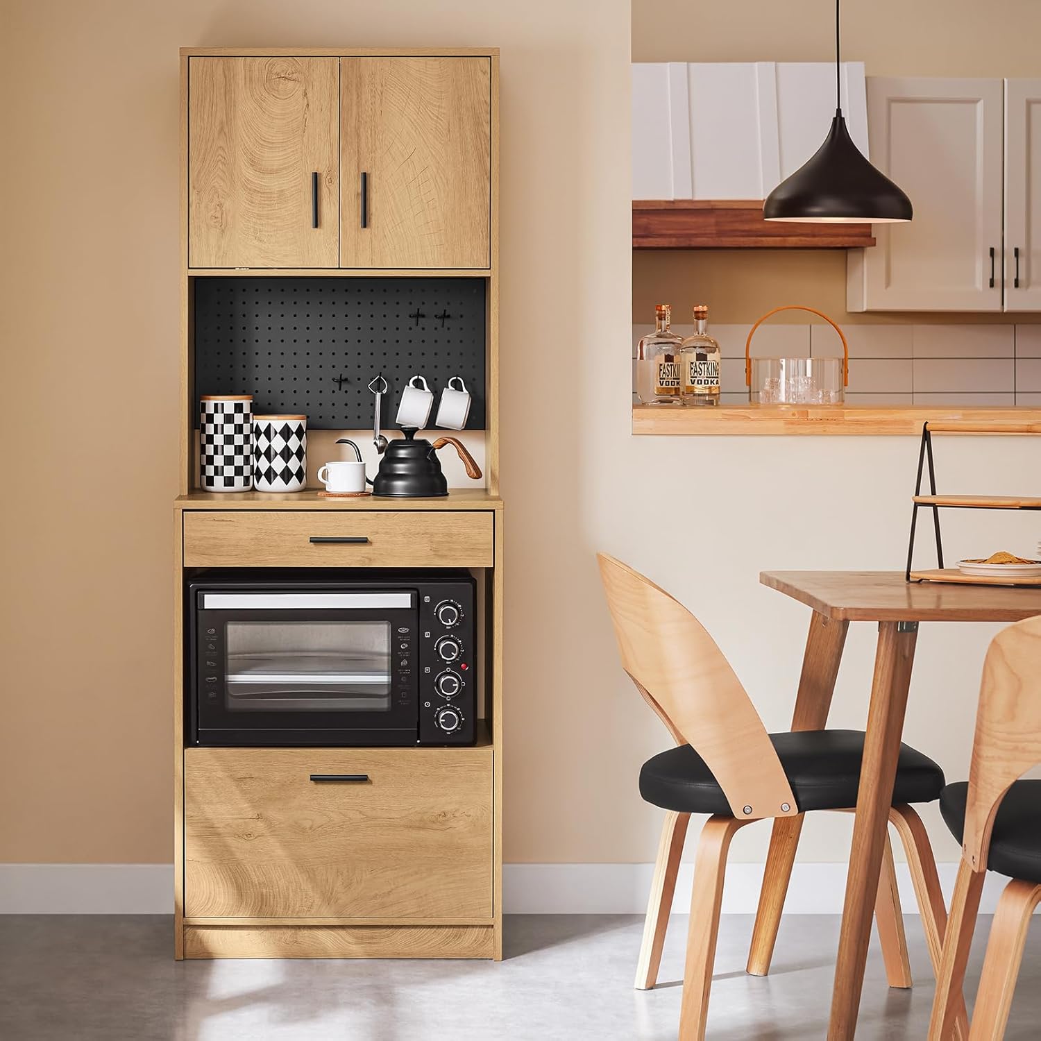 Meuble de Rangement Cuisine Haut Buffet de Cuisine avec Tiroir, Panneau Perforé et Niche Micro-Ondes Meuble Bas Compact Style Chêne Vintage pour, Cellier ou Salon 60x170x40cm FSB98-N Armoire de Cuisine