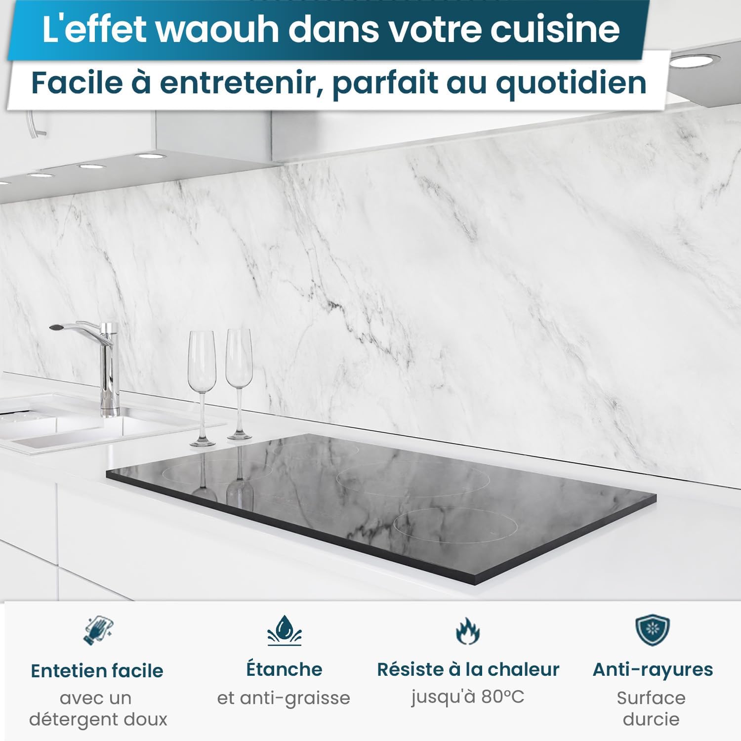 Crédence Adhésive pour Cuisine I Panneau mural décoratif autocollant - Protège mur cuisine - Décoration aspect mat - 0,40 mm - Blanc marbré – 60 cm x 280 cm 60 x 280 cm Blanc Marbré