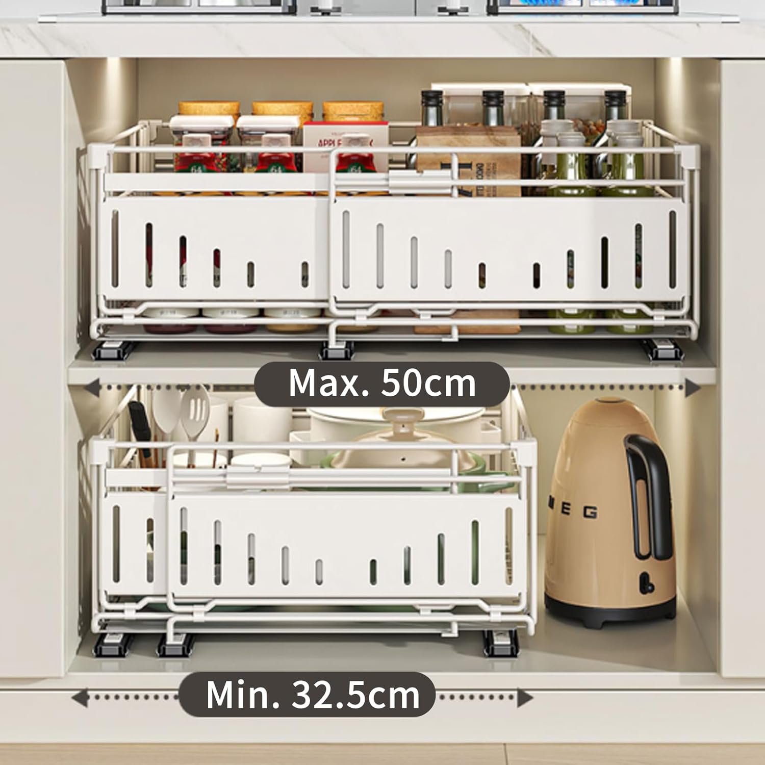 Tiroir Coulissant Extensible Organisateur Tiroir Cuisine Rangement Sous Evier Range-Épices en Métal Gain de Place Maximal, Largeur Réglable 32.5-50 cm (Style A Noir, 2 Pièces) Style A Noir 2 Pièces