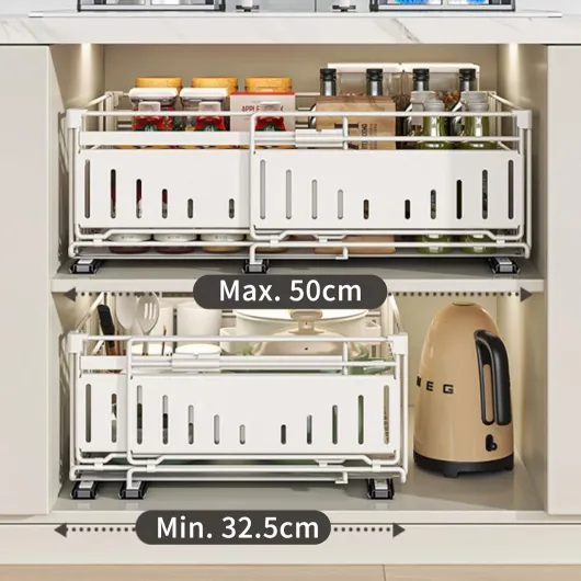 Tiroir Coulissant Extensible Organisateur Tiroir Cuisine Rangement Sous Evier Range-Épices en Métal Gain de Place Maximal, Largeur Réglable 32.5-50 cm (Style A Noir, 2 Pièces) Style A Noir 2 Pièces
