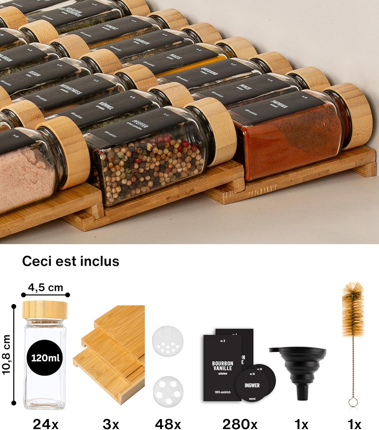 ® Range epices cuisine tiroir avec Pots Lot de 24 avec Étiquettes - Rangement épices tiroir - Organisateur epice Grande Capacité Extensible Lot de 24 - Tiroir en bambou - Couvercle en bambou