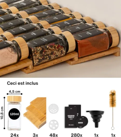 ® Range epices cuisine tiroir avec Pots Lot de 24 avec Étiquettes - Rangement épices tiroir - Organisateur epice Grande Capacité Extensible Lot de 24 - Tiroir en bambou - Couvercle en bambou