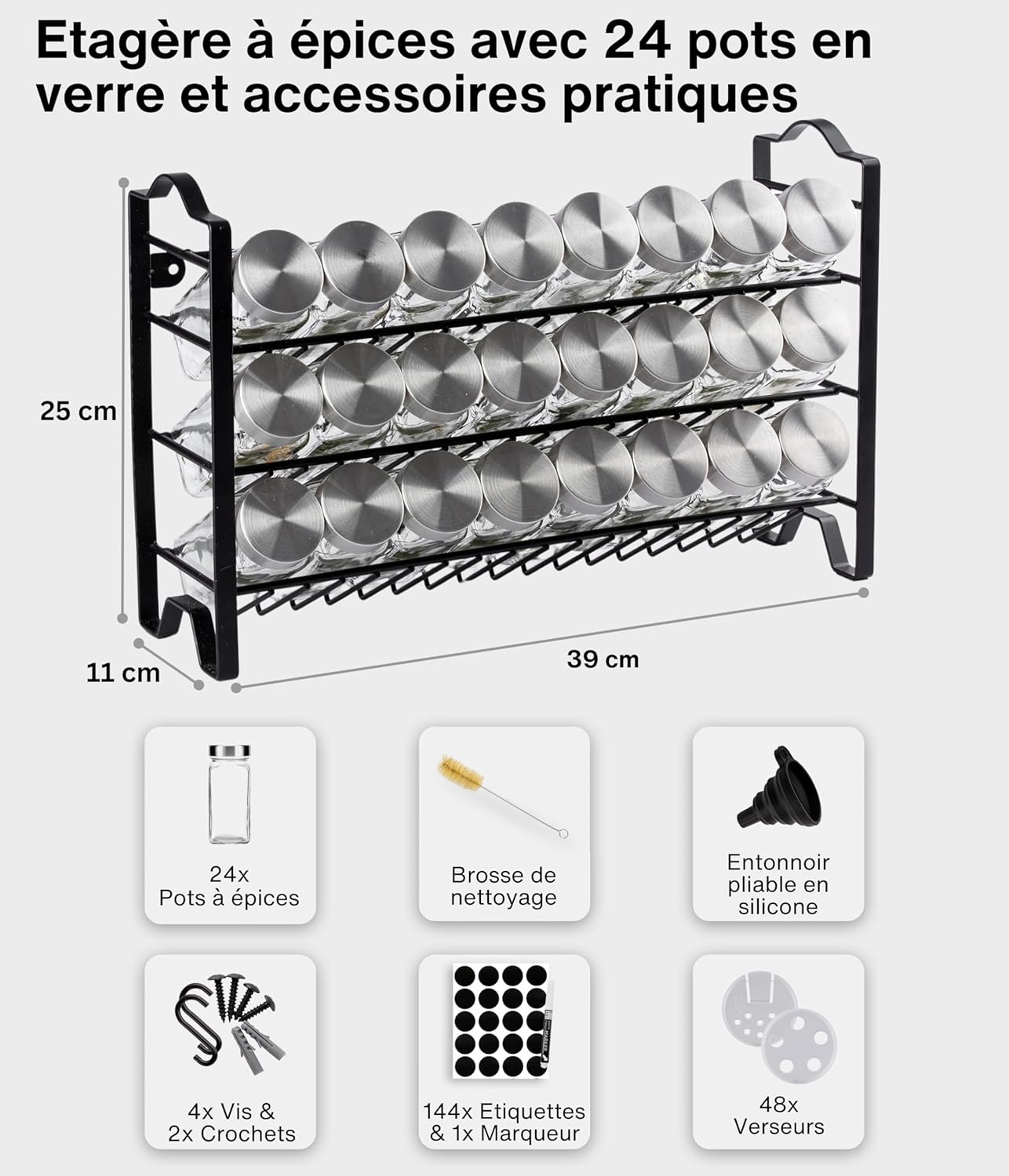 ® Etagere avec Pot a Epices Lot de 24 Boite avec Étiquettes d'épices Françaises - Rangement Cuisine 24 Set Noir