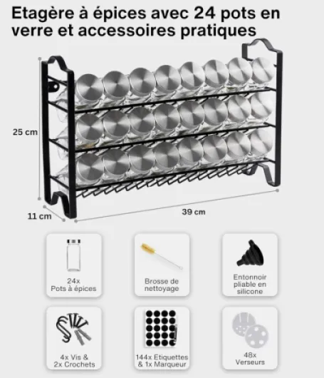 ® Etagere avec Pot a Epices Lot de 24 Boite avec Étiquettes d'épices Françaises - Rangement Cuisine 24 Set Noir