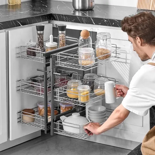 Organisateur Coulissant d'angle à Ouverture de 38 cm de Largeur, Rangement pour Placard de Cuisine à 3 Niveaux et 6 Étagères, Panier de Rangement en Acier au Carbone Chromé Magique, Maison