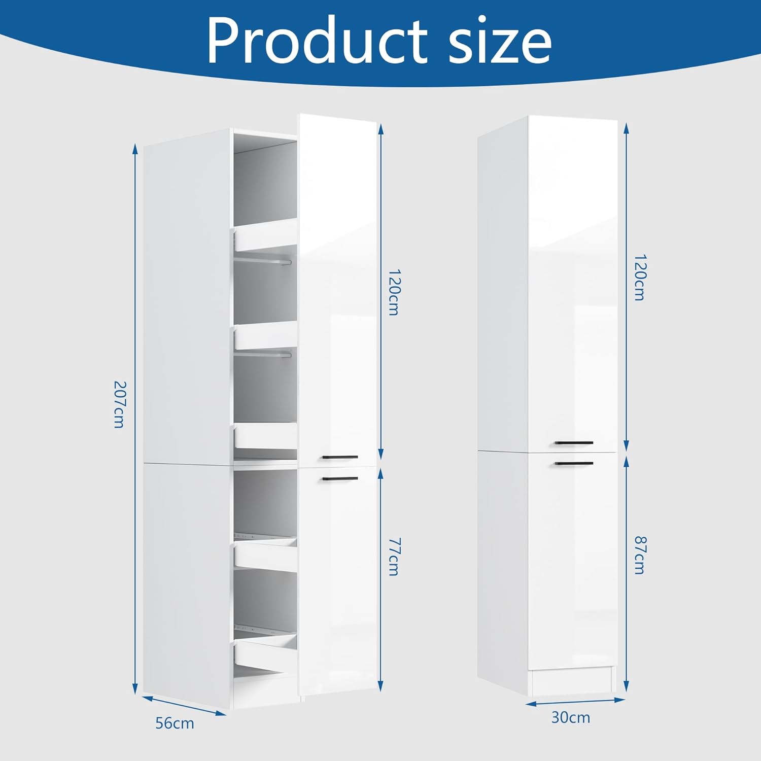MSFE 207cm Meuble Haute de Cuisine, Meuble de Rangement Mince étroit à Tiroirs Coulissants,Moderne pour Pharmacie de Cuisine, Armoire Cuisines,207 * 56 * 30cm,Beaucoup d'espace de Rangement,Blanc bri