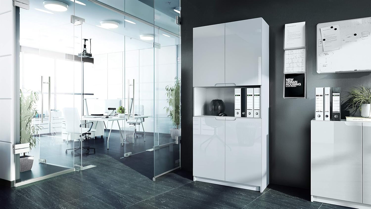 Étagère de Bureau Logan V2, Armoire de Rangement avec 5 Compartiments et 4 Portes, Blanc Mat/Blanc Haute Brillance (82 x 184 x 37 cm) Façades en Blanc Haute Brillance