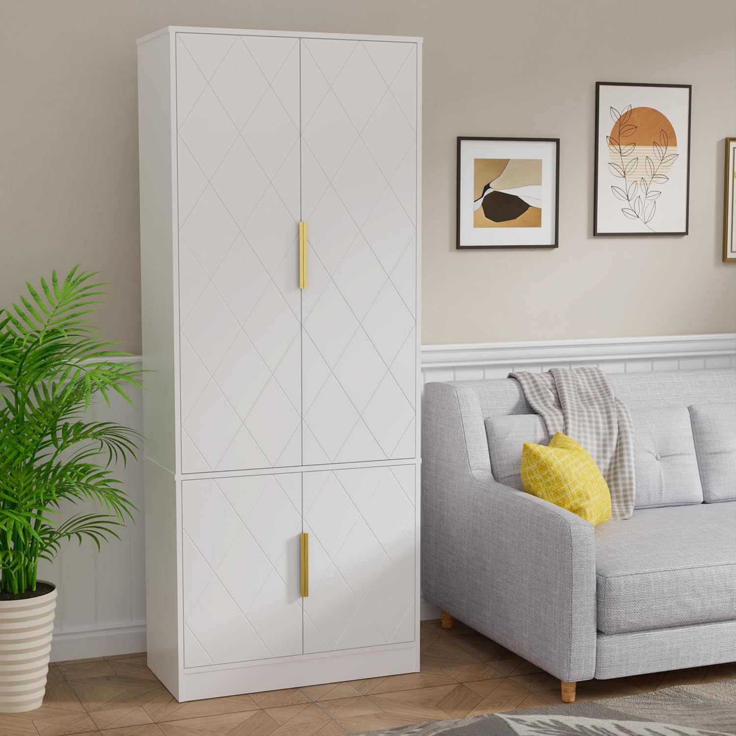 Buffet Salle à Manger Haute 150 cm, Vaisselier Cuisine Haute à 4 Portes, 5 Étagères Réglables, Motif en Ligne, Manche Doré, pour Cuisine, Chambre, Salon, 60 x 30 x 150cm, Blanc Blanc 60 x 30 x 150 cm (L x p x H)