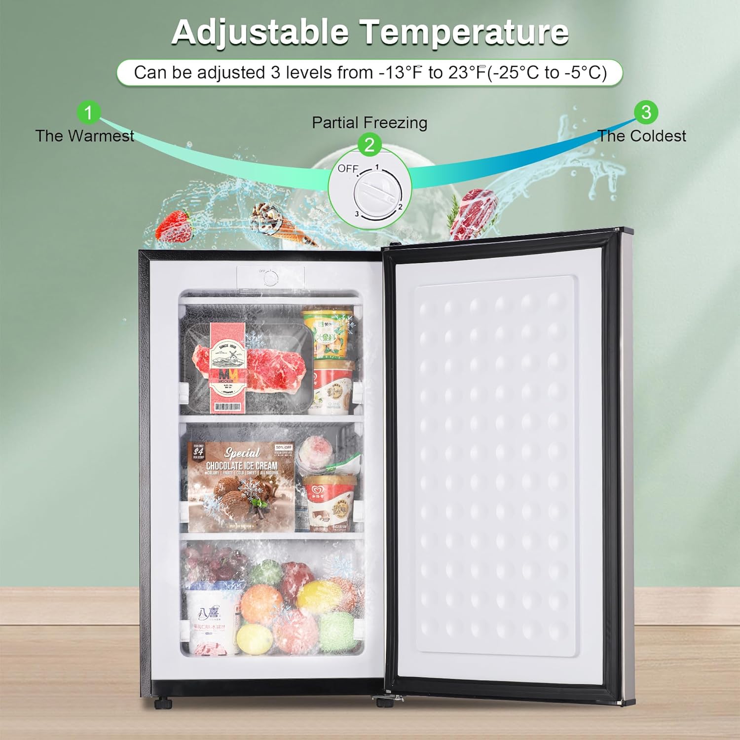 Maine - Congélateur vertical de 3,5 pieds cubes mini congélateur avec porte réversible en acier inoxydable, congélateur compact non encastré avec 3 thermostats réglables, petit congélateur pour