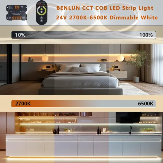 Ruban LED COB CCT 24V 20M (10M x 2), Bande LED 2700K-6500K Blanc Réglable, Bandeau LED Dimmable Autocollante 10W/M CRI 93, Télécommande et Alimentation Incluses, pour Chambre, Cuisine