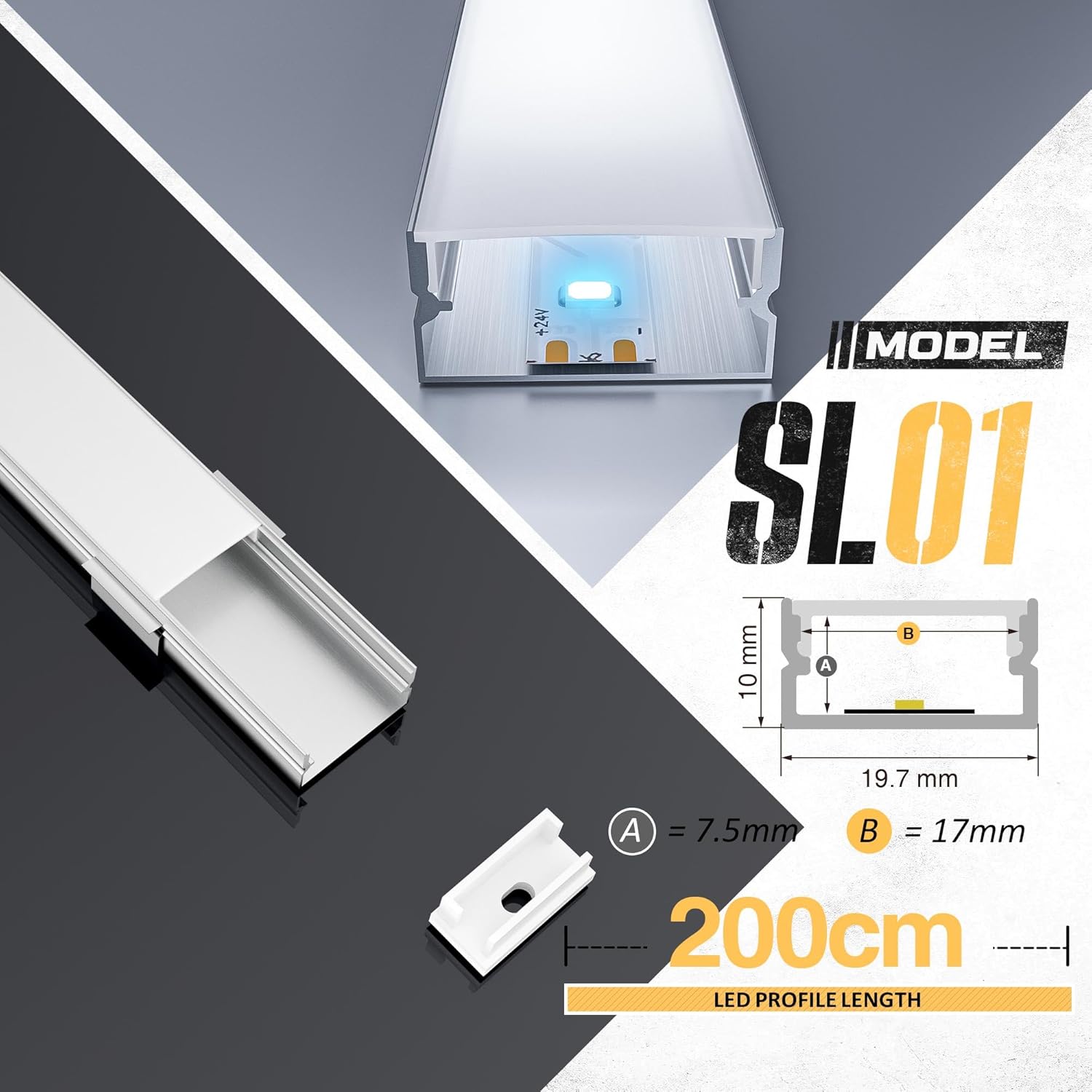 Profilé Alu pour Ruban Led 2m 10 Pièces, Profilé Led Encastrable en Forme de U, Rail led avec Diffuseur, Embouts, Clips de Montage, Bandes Led Jusqu'à 17 mm (10 * 2M(Total 20M)) Sl01 2M 10 pièces