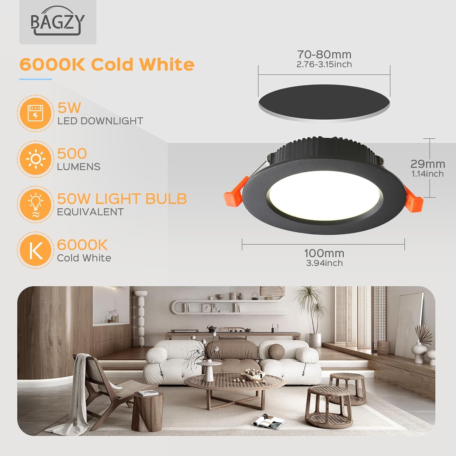Spot Led Encastrable Noir Extra Plat, 10 Pack 5W 500LM = 50W incandescence, IP44, Blanc Froid 6000K, AC 220-240V,Découpe 70-80mm,Rond plafond encastré Pour salle de bain,Cuisine,Salon,Couloir Blanc Froid 5W+10 Pièces