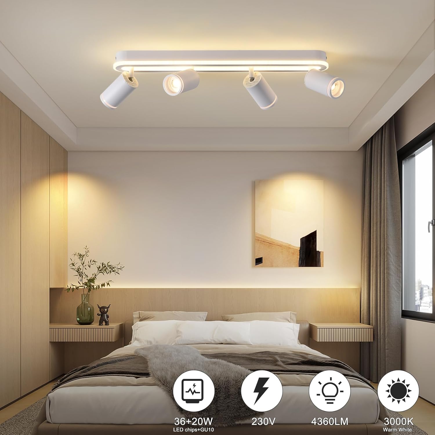 Plafonnier LED,4 Spot Orientables, Spots de Plafond Pivotant 350°, Éclairage de Plafond luminaire avec lueur inférieure 36W+4x5W GU10,Applique murale 3000K Blanc Chaud pour Salon Cuisine,Blanc Blanc 4 Spots Standard