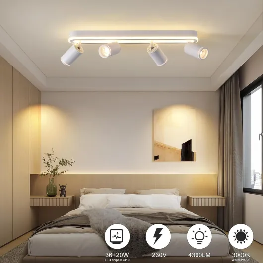 Plafonnier LED,4 Spot Orientables, Spots de Plafond Pivotant 350°, Éclairage de Plafond luminaire avec lueur inférieure 36W+4x5W GU10,Applique murale 3000K Blanc Chaud pour Salon Cuisine,Blanc Blanc 4 Spots Standard