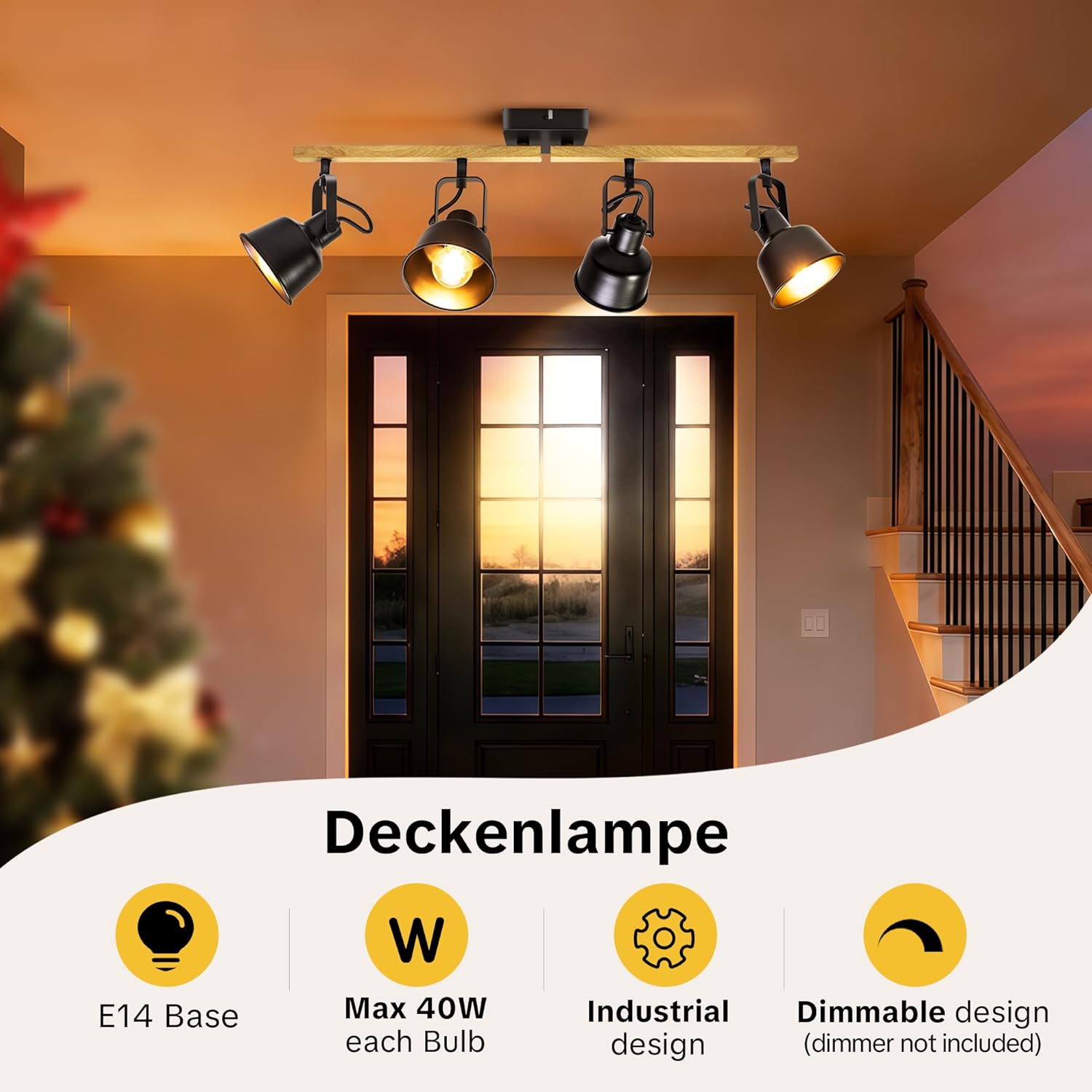 Plafonnier Industriel Spots et Rails de Spots, 4 Spots LED Orientable avec Douille E14, Luminaires Intérieur avec Base Rectangulaire en Bois, pour Cuisine Chambre Salon, Noir (sans Ampoule) Noir 4 Spots
