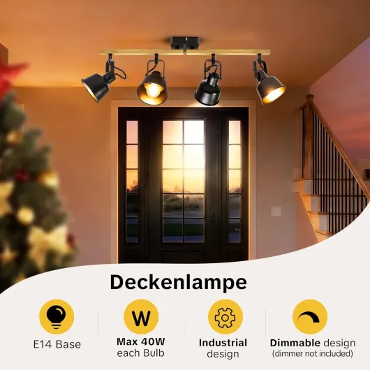 Plafonnier Industriel Spots et Rails de Spots, 4 Spots LED Orientable avec Douille E14, Luminaires Intérieur avec Base Rectangulaire en Bois, pour Cuisine Chambre Salon, Noir (sans Ampoule) Noir 4 Spots