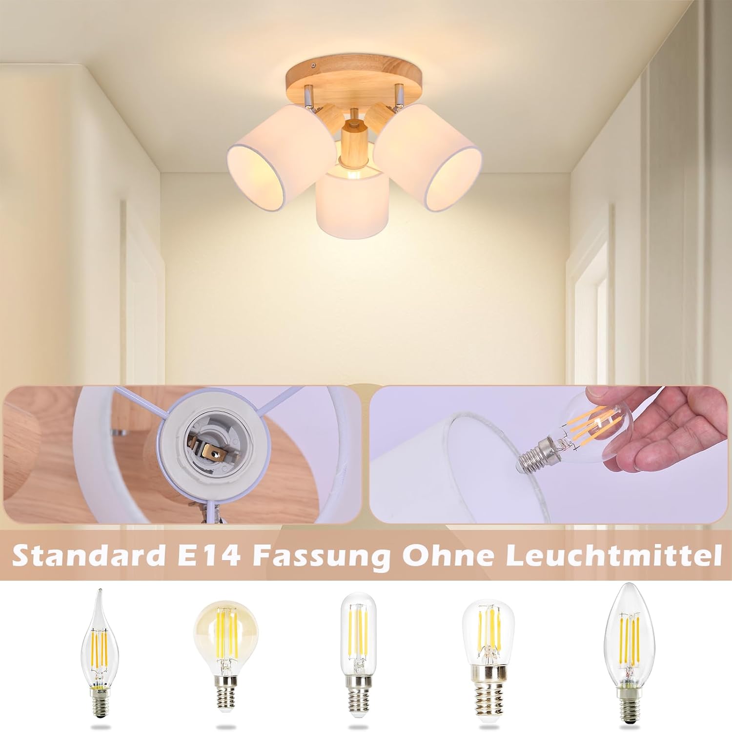 Glitzerlife Projecteur Plafonnier 3 Lampes Ronde Bois - Lampe Plafonnante LED Projecteur Plafonnier E14 Orientable 350° Pour Cuisine Salon Chambre Coucher Couloir Sans Lampadine 3 Spots-rond Bois