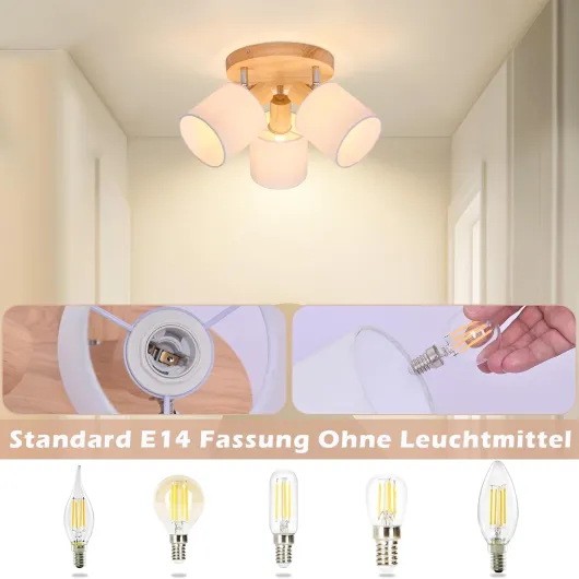 Glitzerlife Projecteur Plafonnier 3 Lampes Ronde Bois - Lampe Plafonnante LED Projecteur Plafonnier E14 Orientable 350° Pour Cuisine Salon Chambre Coucher Couloir Sans Lampadine 3 Spots-rond Bois