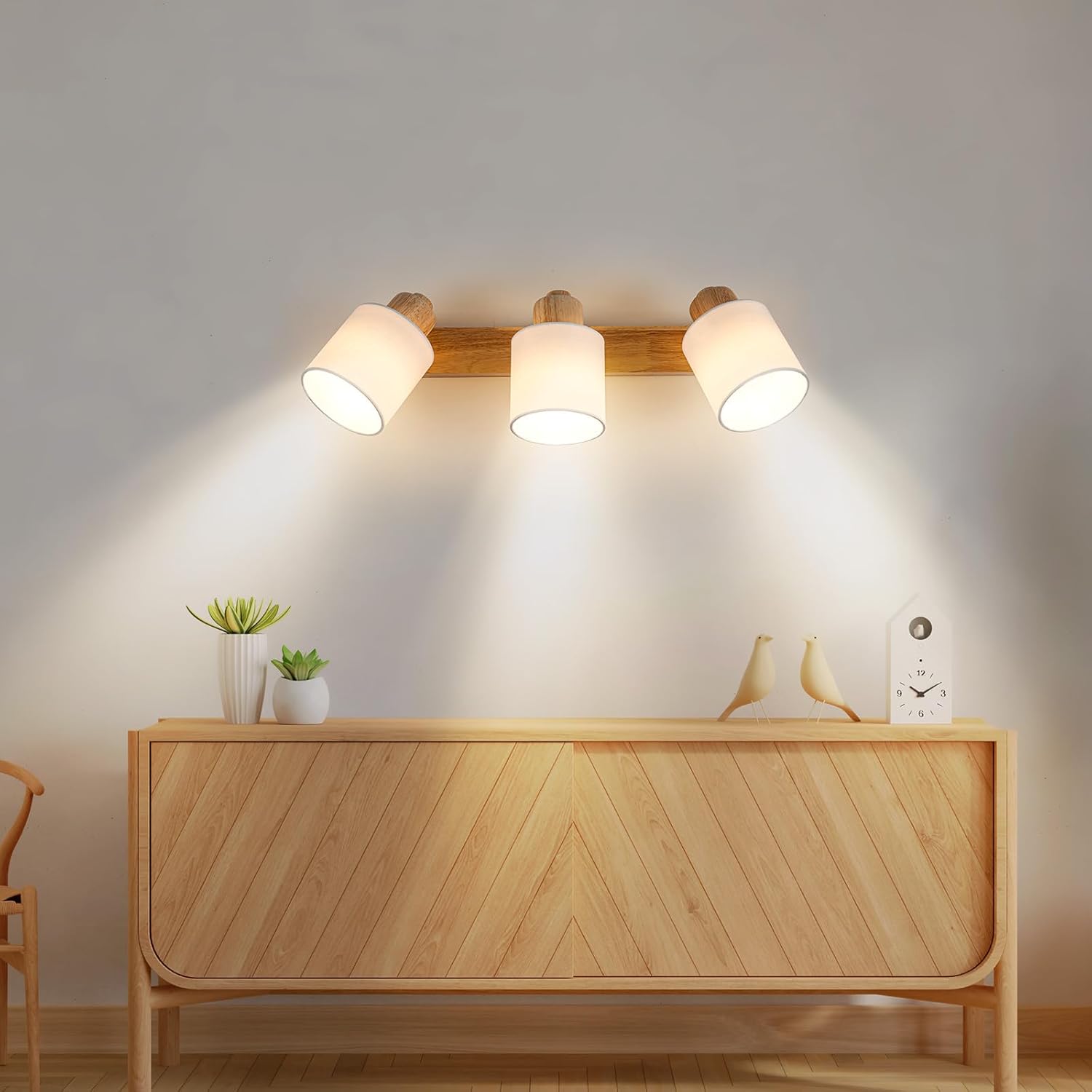 Plafonnier Spot de Plafond 3 Spot Orientables, Bois Éclairage de Plafond Luminaire Intérieurs Rétro E14 Murale Applique pour Salon Chamre Cuisine Salle à manger 230V, Sans Ampoules Bois 3 Foco-1