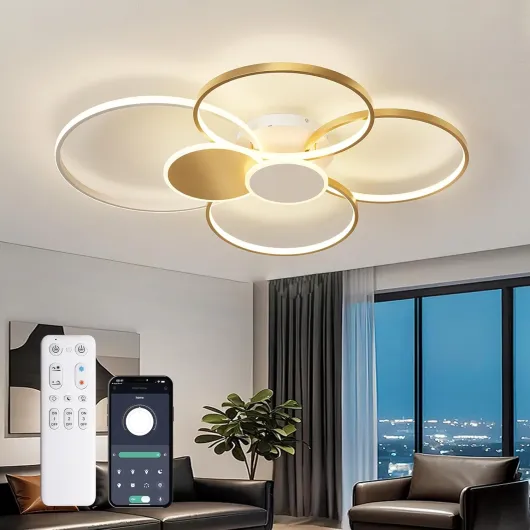 Lampes De Plafond Dimmable LED Salon Plafonnier Avec Télécommande Plafonnier Anneau Rond Créatif Design Plafonniers En Métal Pour Chambre Cuisine Salle À Manger Bureau Lamp Suspensions (Gold-100CM)
