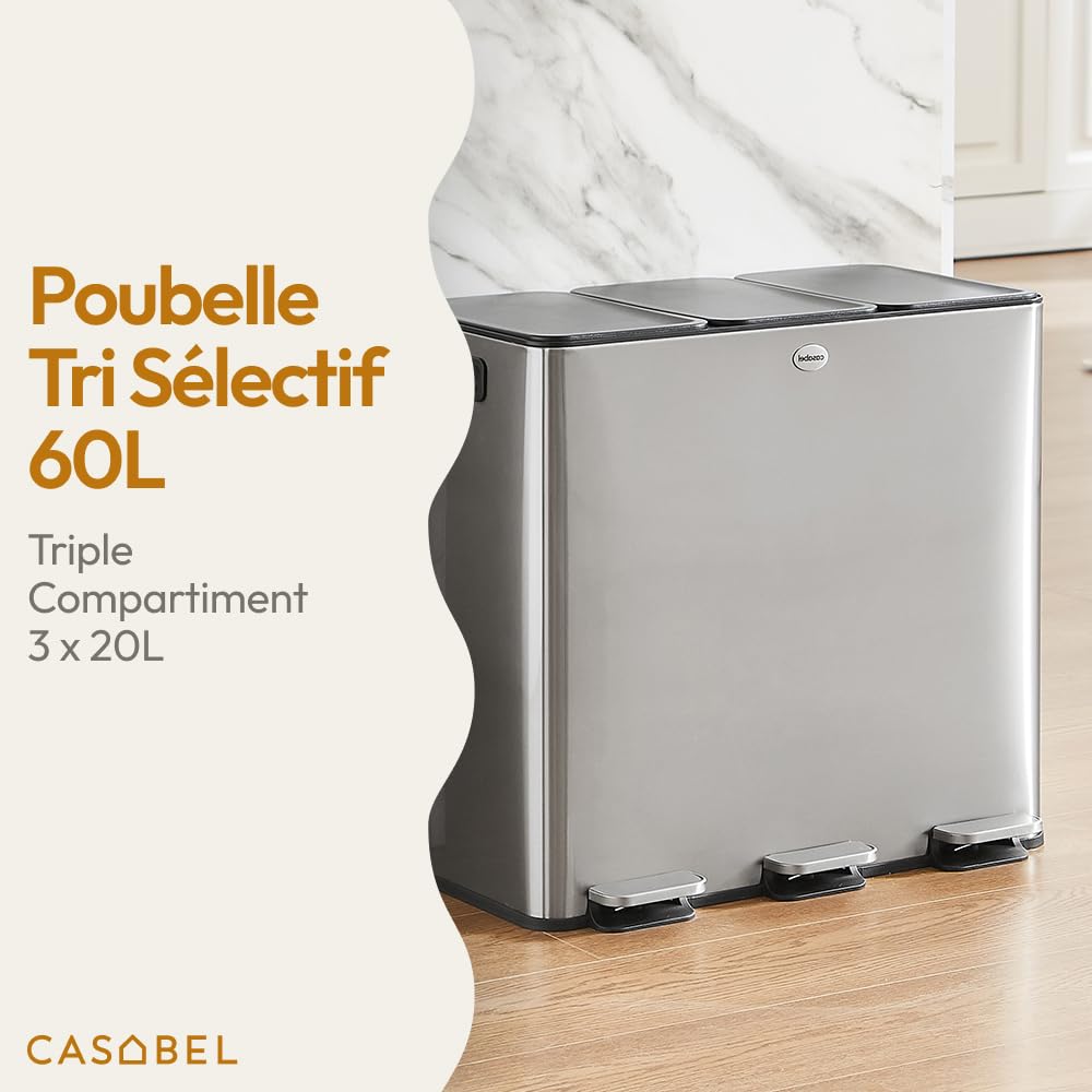 Poubelle Tri Sélectif 3x20L, Acier Inox Chrome, Poubelle 60L Cuisine Recyclage Rectangulaire à Pédales, Anti Traces, Anti Odeurs, Systèmes de Tri des Déchets, Poubelle Tri Selectif 3 Bacs