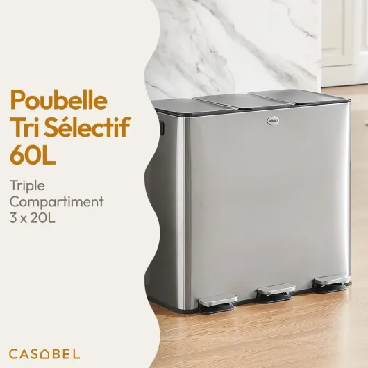 Poubelle Tri Sélectif 3x20L, Acier Inox Chrome, Poubelle 60L Cuisine Recyclage Rectangulaire à Pédales, Anti Traces, Anti Odeurs, Systèmes de Tri des Déchets, Poubelle Tri Selectif 3 Bacs