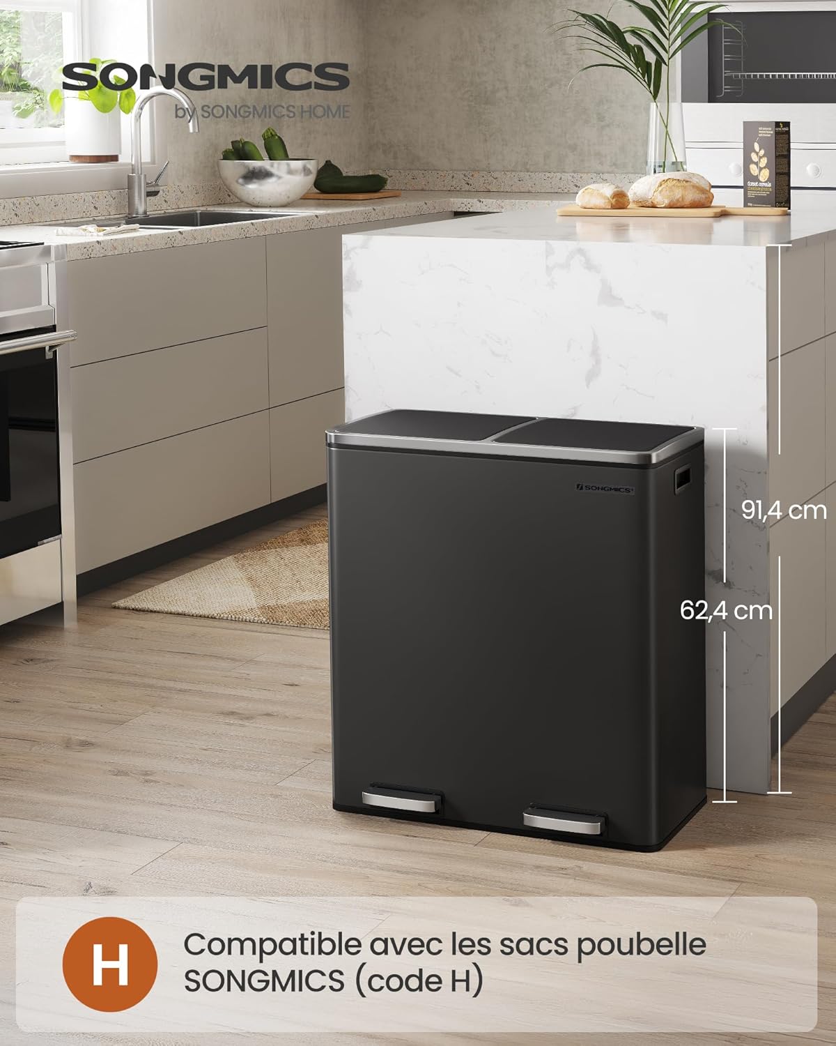 Poubelle Cuisine Tri Sélectif 2 x 30L, 2 Seaux en Plasatique, avec 15 Sacs Poubelles, Pédales en Métal, Couvercles, Poignées, Fermeture en Douceur, Hermétique, Noir LTB60BK