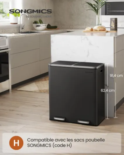 Poubelle Cuisine Tri Sélectif 2 x 30L, 2 Seaux en Plasatique, avec 15 Sacs Poubelles, Pédales en Métal, Couvercles, Poignées, Fermeture en Douceur, Hermétique, Noir LTB60BK