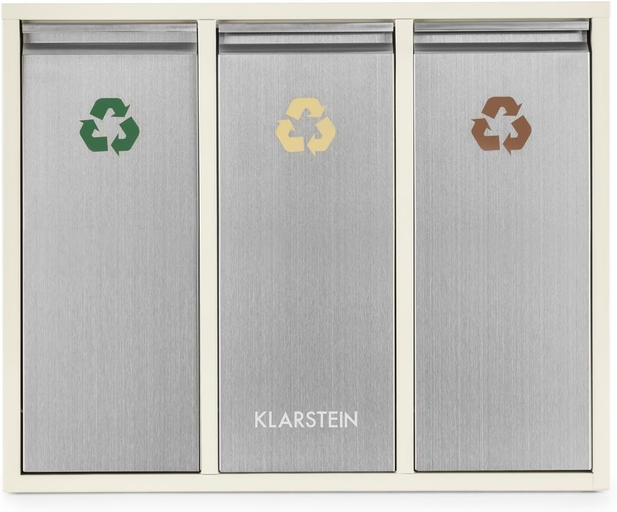 Poubelle écologique Triple tri sélectif & Recyclage (Grande contenance de 45 L répartie sur Trois récipients de 15 L chacun) - Beige 3x15 Litres argent