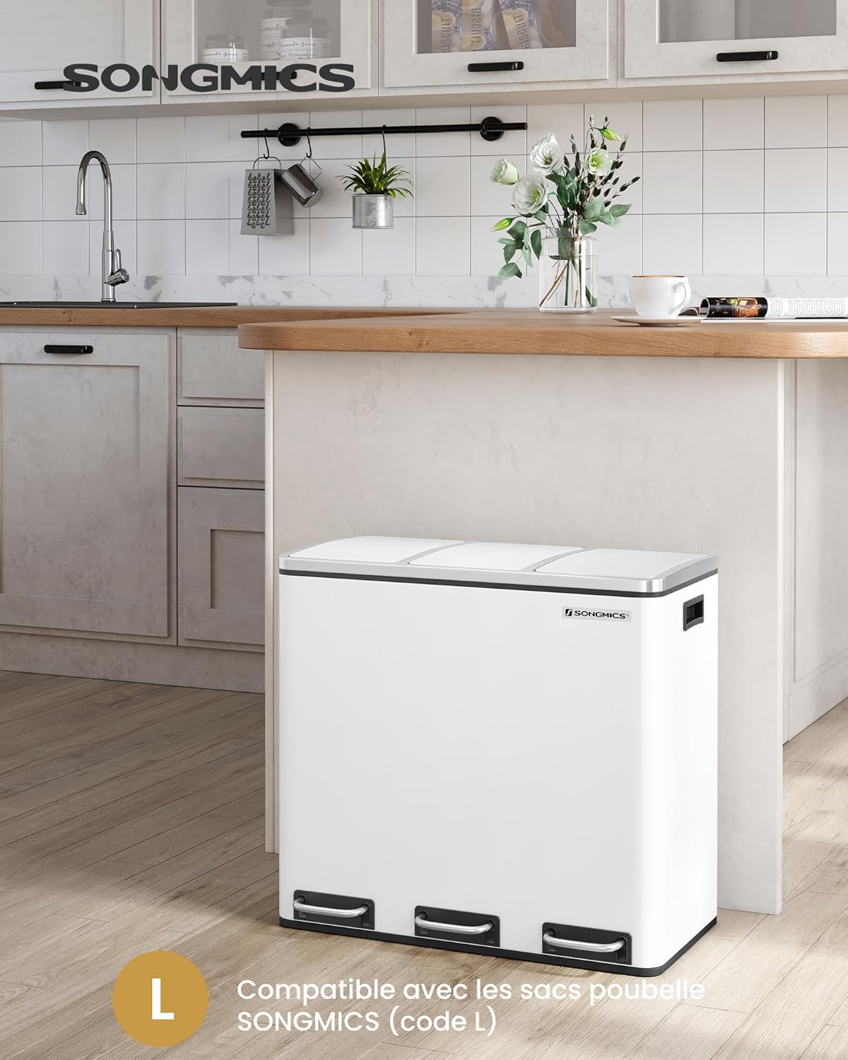 Poubelle Cuisine, 3 x 18L, Poubelle de Tri, 3 Compartiments, Déchets, Compost, Couvercles à Fermeture en Douceur, Pédales, Seaux Intérieurs, Acier, Blanc Nuage LTB54WT