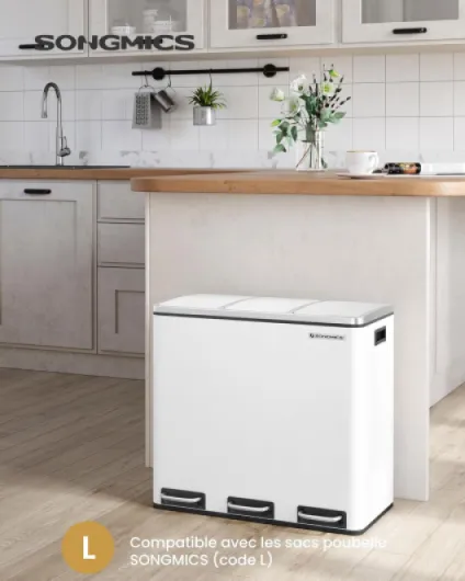 Poubelle Cuisine, 3 x 18L, Poubelle de Tri, 3 Compartiments, Déchets, Compost, Couvercles à Fermeture en Douceur, Pédales, Seaux Intérieurs, Acier, Blanc Nuage LTB54WT