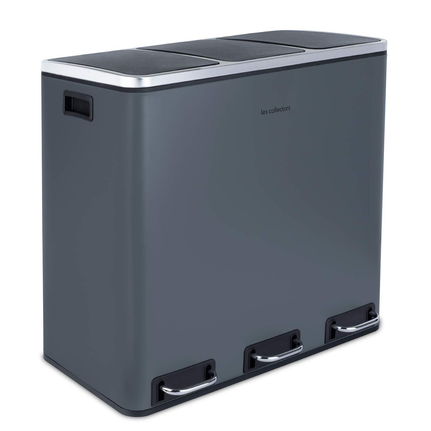 Poubelle de tri à pédale N°984, Acier inoxydable, Triple compartiment de 18L, Sac compatible 30L, Tri sélectif, Seaux amovibles, Résistante, Pratique, Fermeture silencieuse, Gris Bleuté 3 Compartments (18 L each) Gris Bleuté